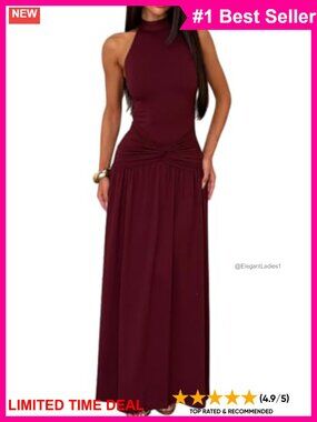 Women's High Neck Ruched Backless Maxi Dress Formal Party Gown